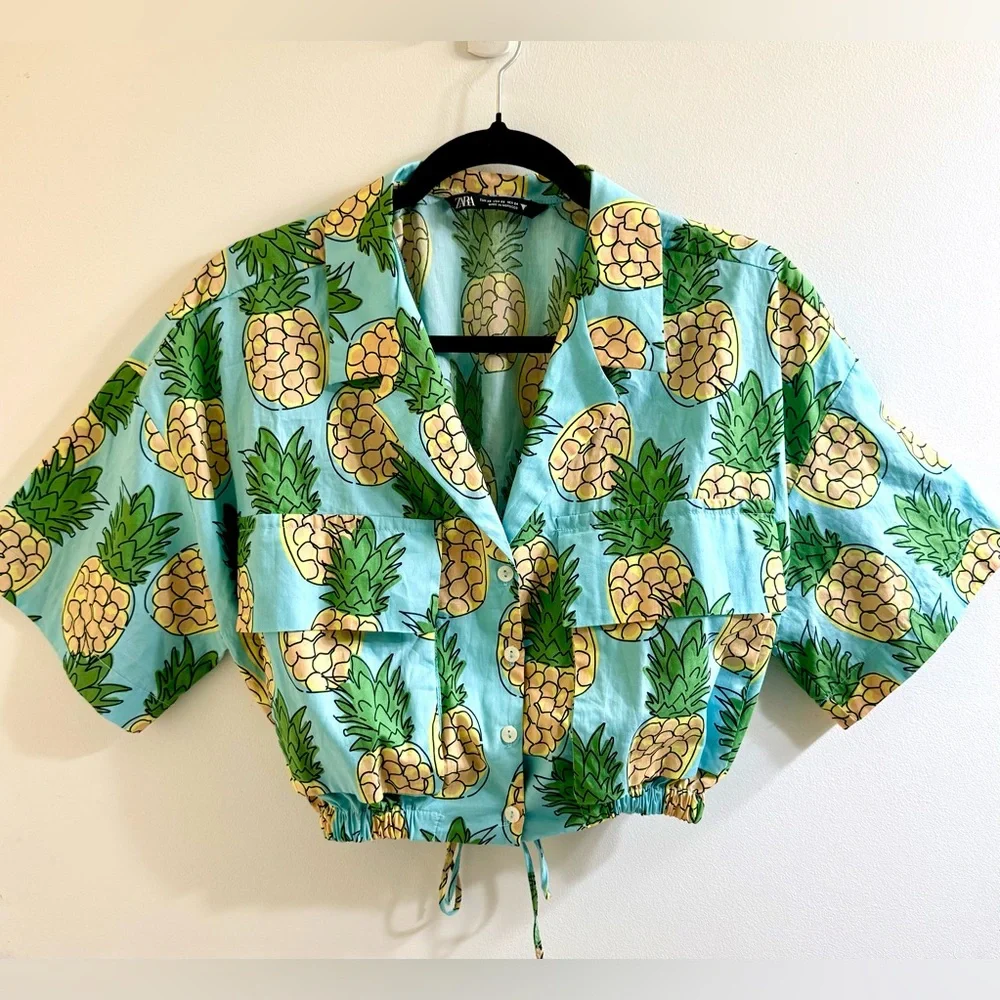 🍍Zara Blue Pineapple Print Crop Shirt Size XS - Picture 2 of 6